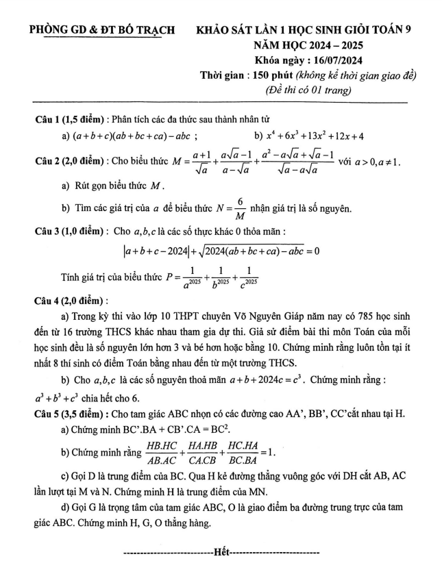 Đề khảo sát lần 1 HSG Toán 9 năm 2024 – 2025 phòng GD&ĐT Bố Trạch – Quảng Bình