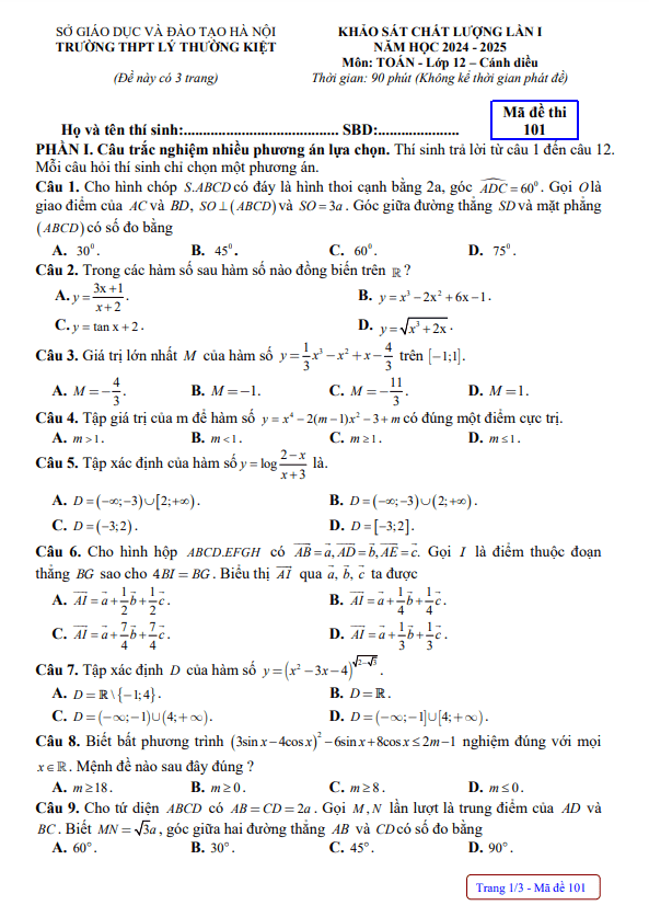 Đề khảo sát lần 1 Toán 12 năm 2024 – 2025 trường THPT Lý Thường Kiệt – Hà Nội