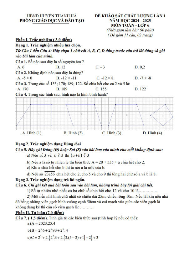 Đề khảo sát lần 1 Toán 6 năm 2024 – 2025 phòng GD&ĐT Thanh Hà – Hải Dương