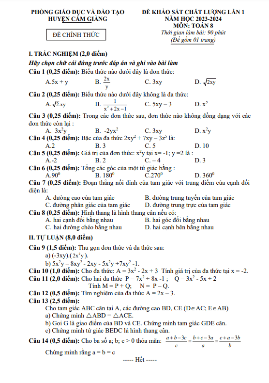 Đề khảo sát lần 1 Toán 8 năm 2023 – 2024 phòng GD&ĐT Cẩm Giàng – Hải Dương