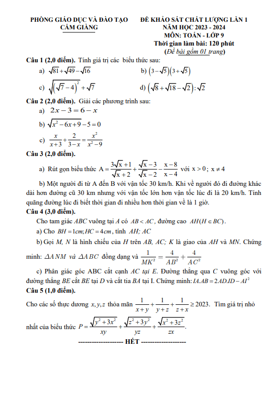 Đề khảo sát lần 1 Toán 9 năm 2023 – 2024 phòng GD&ĐT Cẩm Giàng – Hải Dương