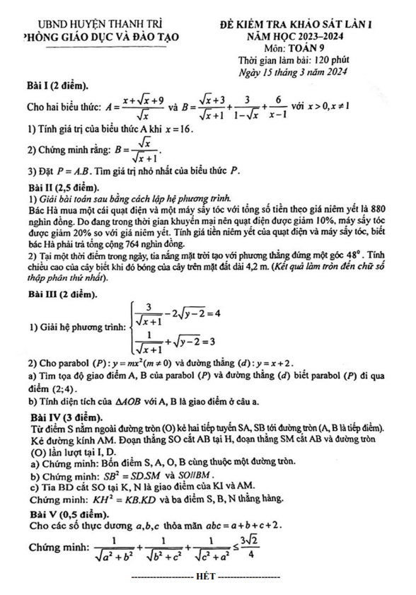 Đề khảo sát lần 1 Toán 9 năm 2023 – 2024 phòng GD&ĐT Thanh Trì – Hà Nội