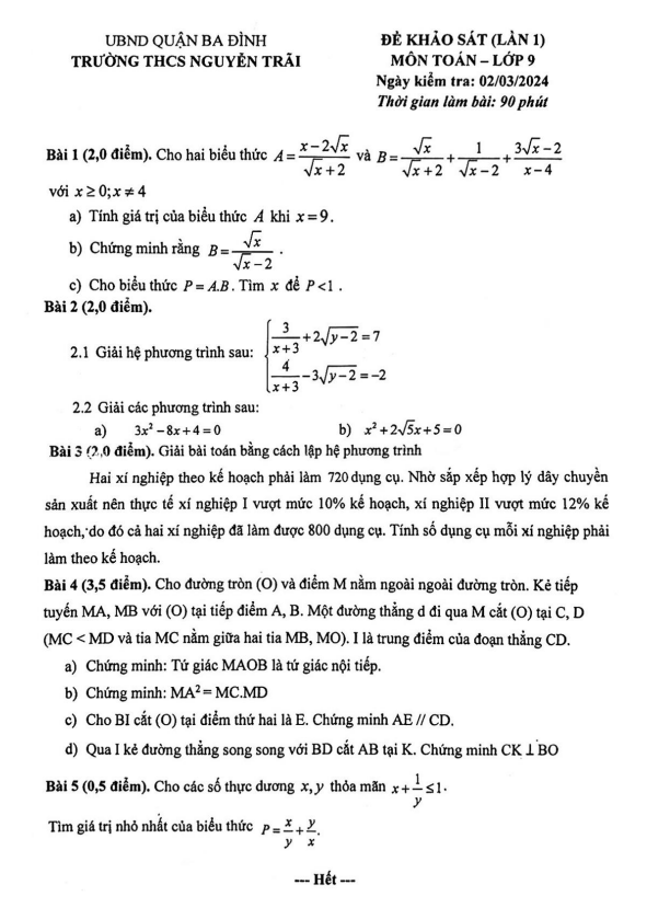 Đề khảo sát lần 1 Toán 9 năm 2023 – 2024 trường THCS Nguyễn Trãi – Hà Nội