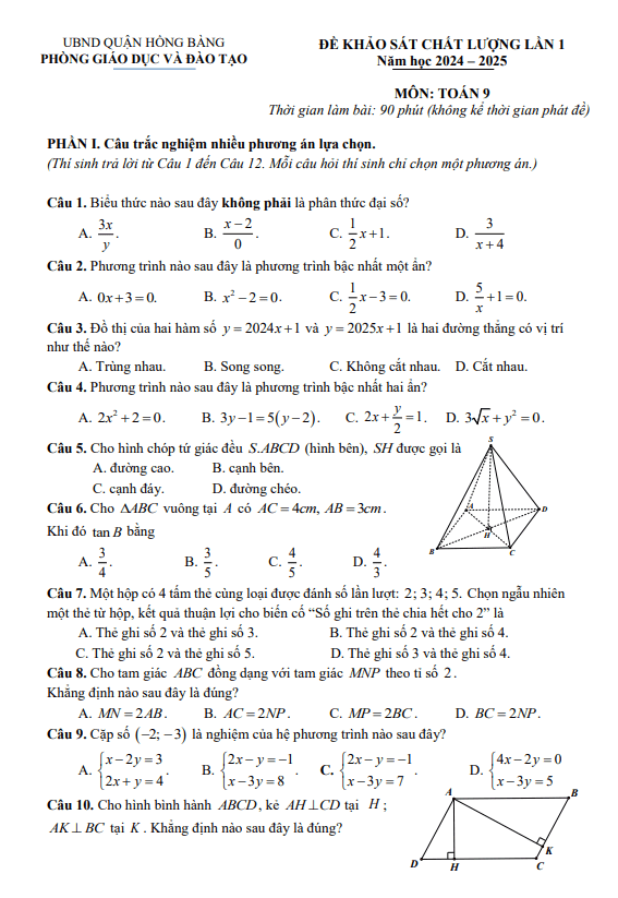 Đề khảo sát lần 1 Toán 9 năm 2024 – 2025 phòng GD&ĐT Hồng Bàng – Hải Phòng