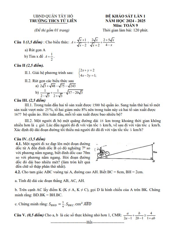 Đề khảo sát lần 1 Toán 9 năm 2024 – 2025 trường THCS Tứ Liên – Hà Nội
