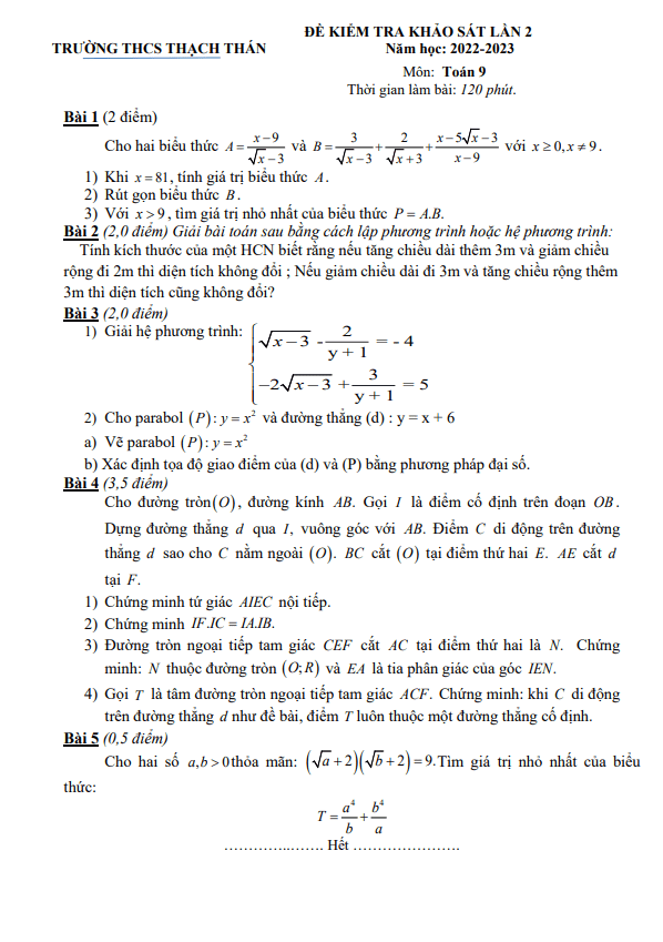 Đề khảo sát lần 2 Toán 9 năm 2022 – 2023 trường THCS Thạch Thán – Hà Nội