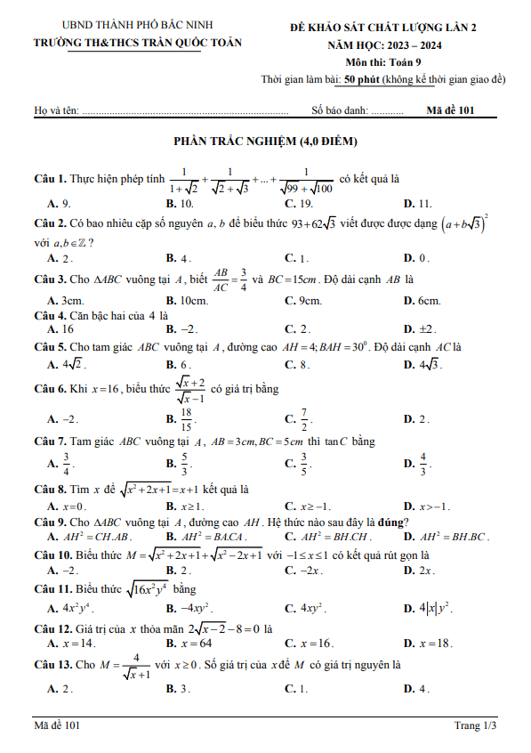 Đề khảo sát lần 2 Toán 9 năm 2023 – 2024 trường Trần Quốc Toản – Bắc Ninh