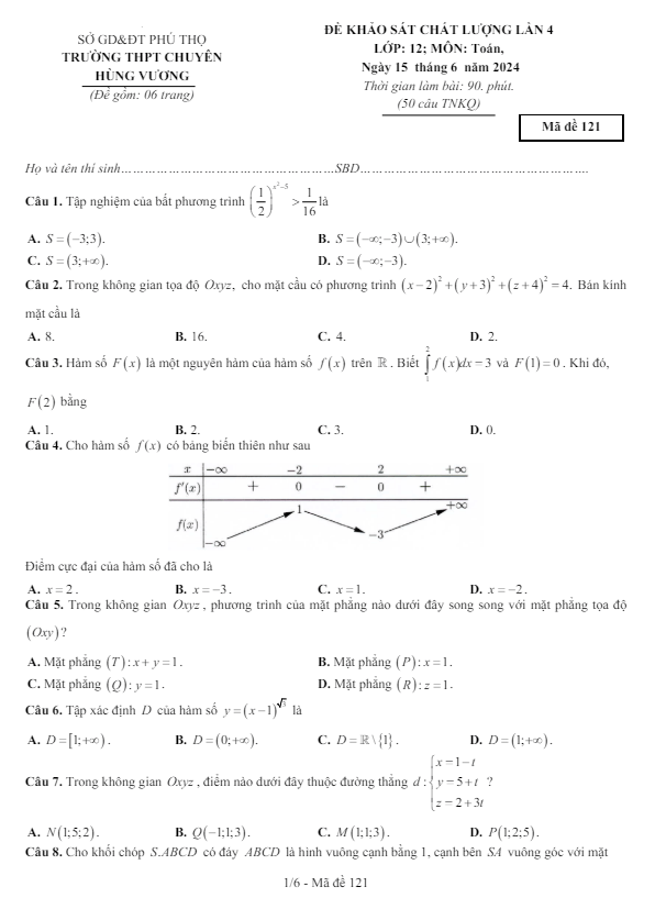 Đề khảo sát lần 4 Toán 12 năm 2023 – 2024 trường THPT chuyên Hùng Vương – Phú Thọ