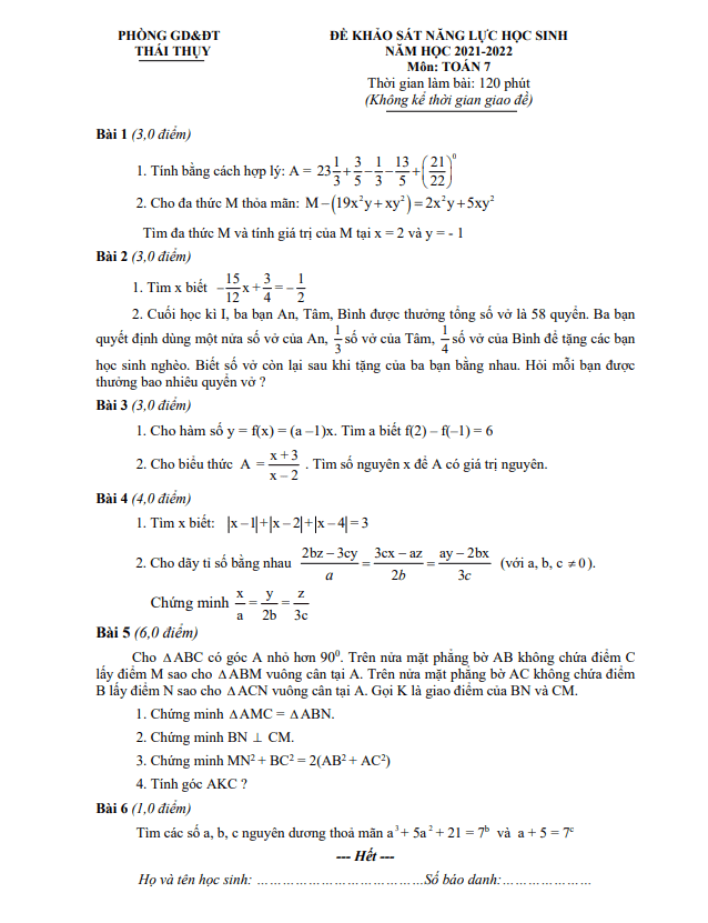 Đề khảo sát năng lực Toán 7 năm 2021 – 2022 phòng GD&ĐT Thái Thụy – Thái Bình