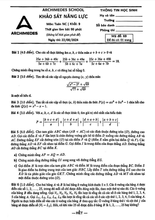 Đề khảo sát năng lực Toán 9 NC năm 2024 – 2025 trường Archimedes School – Hà Nội