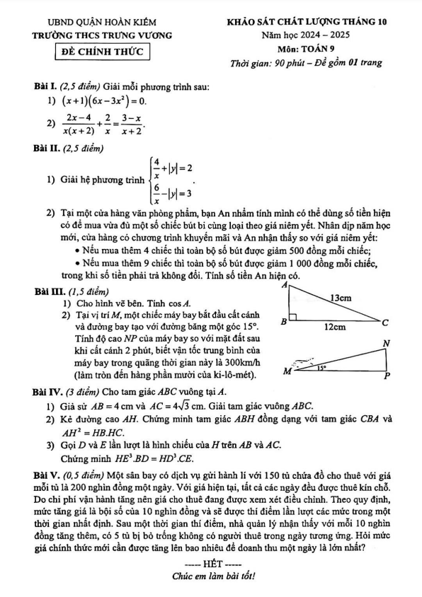 Đề khảo sát tháng 10 Toán 9 năm 2024 – 2025 trường THCS Trưng Vương – Hà Nội