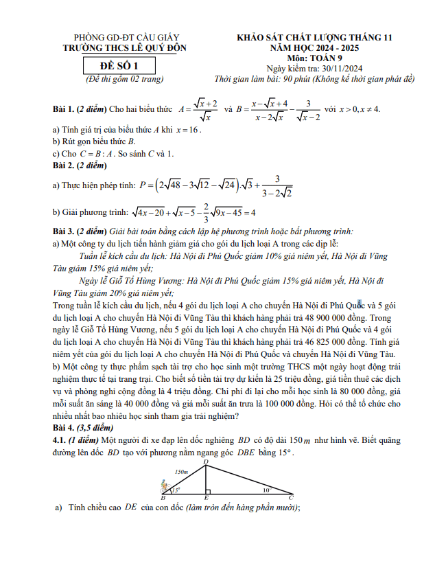 Đề khảo sát tháng 11 Toán 9 năm 2024 – 2025 trường THCS Lê Quý Đôn – Hà Nội