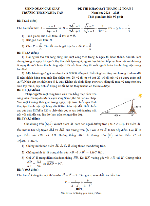 Đề khảo sát tháng 12 Toán 9 năm 2024 – 2025 trường THCS Nghĩa Tân – Hà Nội