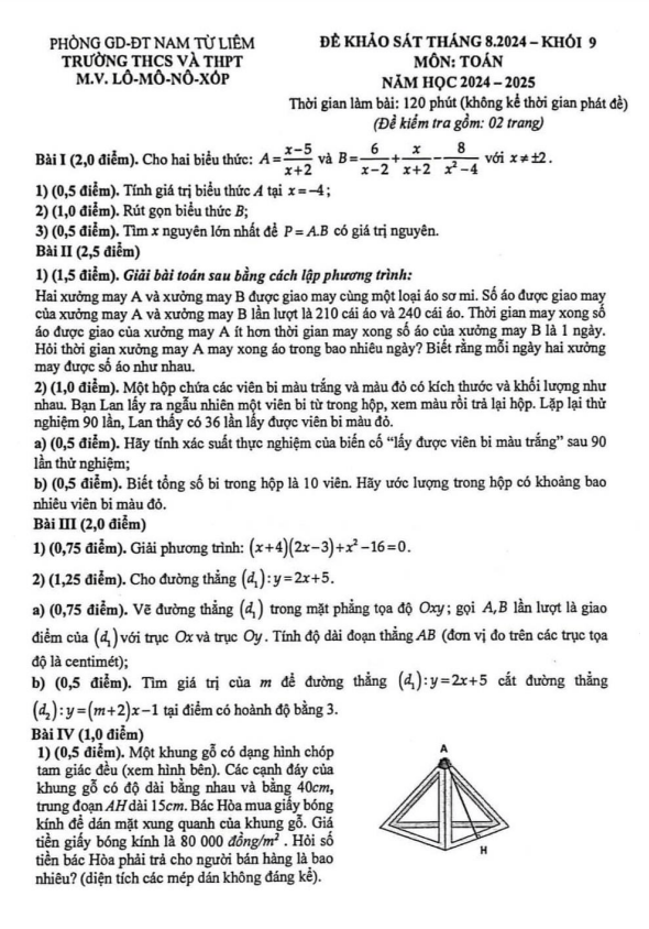 Đề khảo sát tháng 8 Toán 9 năm 2024 – 2025 trường M.V. Lômônôxốp – Hà Nội