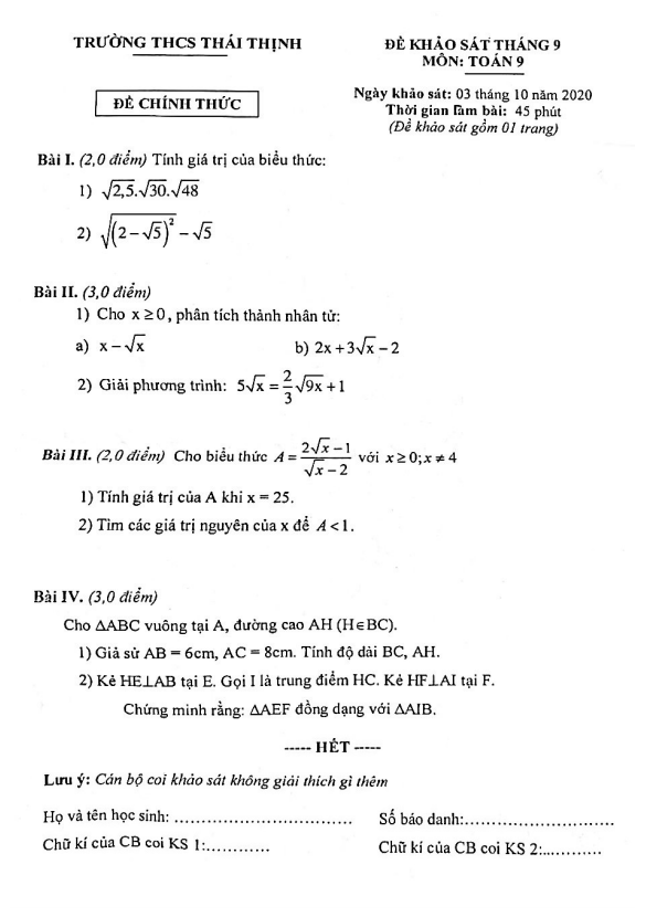 Đề khảo sát tháng 9/2020 môn Toán 9 trường THCS Thái Thịnh – Hà Nội