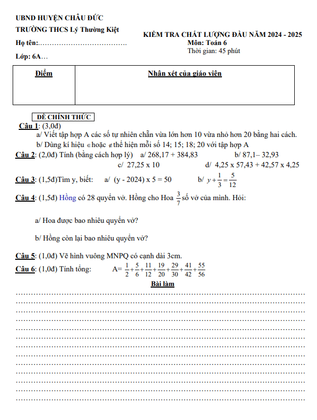 Đề khảo sát Toán 6 đầu năm 2024 – 2025 trường THCS Lý Thường Kiệt – BR VT