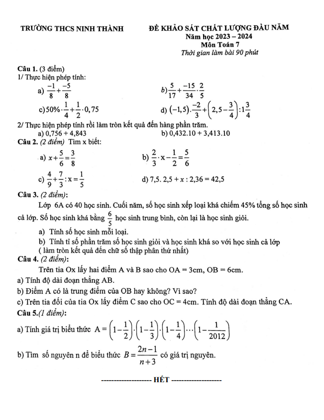 Đề khảo sát Toán 7 đầu năm 2023 – 2024 trường THCS Ninh Thành – Ninh Bình