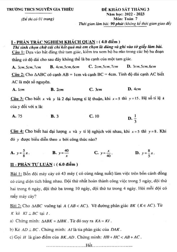 Đề khảo sát Toán 7 tháng 3 năm 2023 trường THCS Nguyễn Gia Thiều – Bắc Ninh