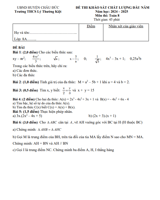 Đề khảo sát Toán 8 đầu năm 2024 – 2025 trường THCS Lý Thường Kiệt – BR VT