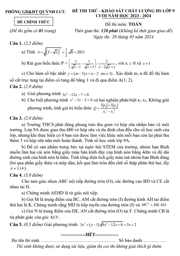Đề khảo sát Toán 9 cuối năm 2023 – 2024 phòng GD&ĐT Quỳnh Lưu – Nghệ An