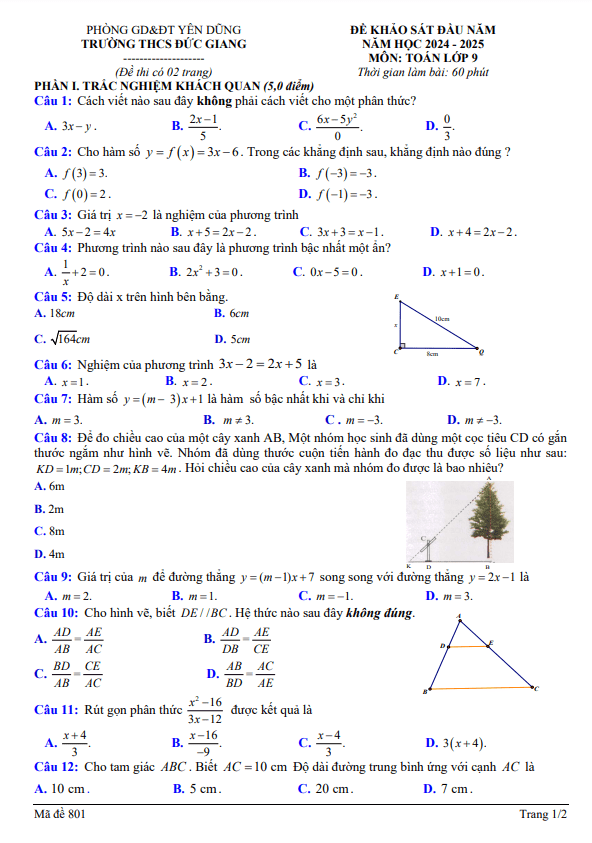Đề khảo sát Toán 9 đầu năm 2024 – 2025 trường THCS Đức Giang – Bắc Giang