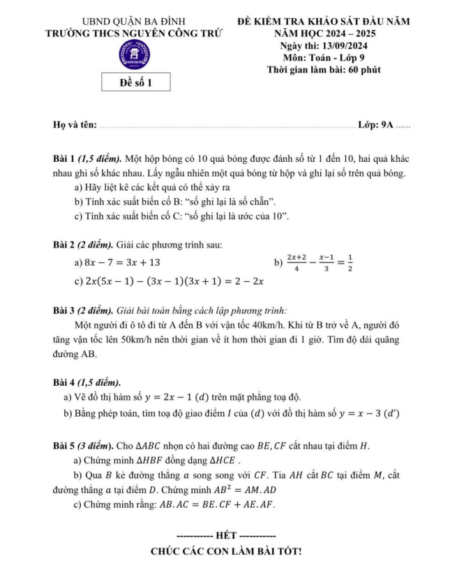 Đề khảo sát Toán 9 đầu năm 2024 – 2025 trường THCS Nguyễn Công Trứ – Hà Nội