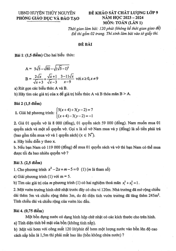 Đề khảo sát Toán 9 lần 1 năm 2023 – 2024 phòng GD&ĐT Thủy Nguyên – Hải Phòng