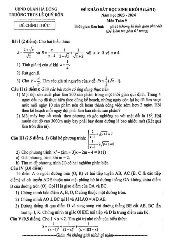 Đề khảo sát Toán 9 lần 1 năm 2023 – 2024 trường THCS Lê Quý Đôn – Hà Nội