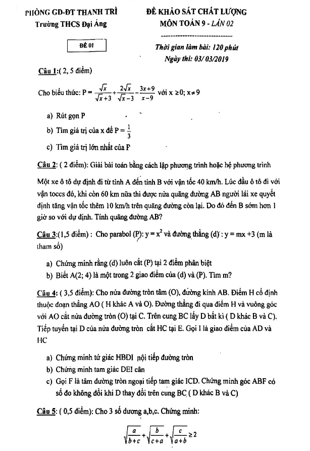 Đề khảo sát Toán 9 lần 2 năm 2018 – 2019 trường THCS Đại Áng – Hà Nội