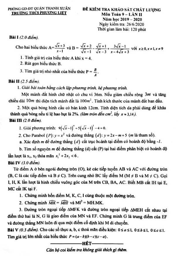 Đề khảo sát Toán 9 lần 2 năm 2019 – 2020 trường THCS Phương Liệt – Hà Nội