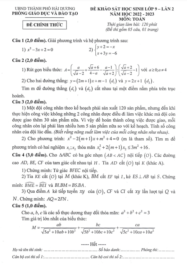 Đề khảo sát Toán 9 lần 2 năm 2022 – 2023 phòng GD&ĐT thành phố Hải Dương