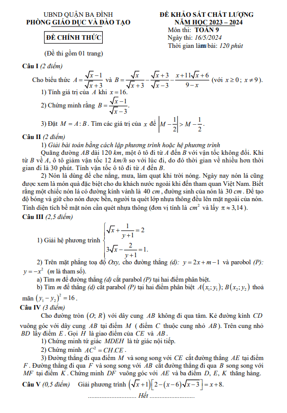 Đề khảo sát Toán 9 lần 2 năm 2023 – 2024 phòng GD&ĐT Ba Đình – Hà Nội