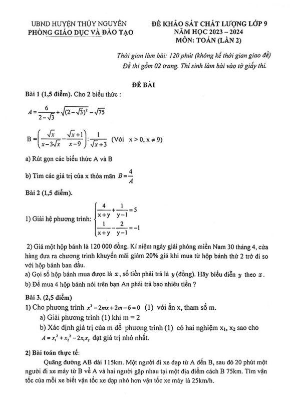 Đề khảo sát Toán 9 lần 2 năm 2023 – 2024 phòng GD&ĐT Thủy Nguyên – Hải Phòng
