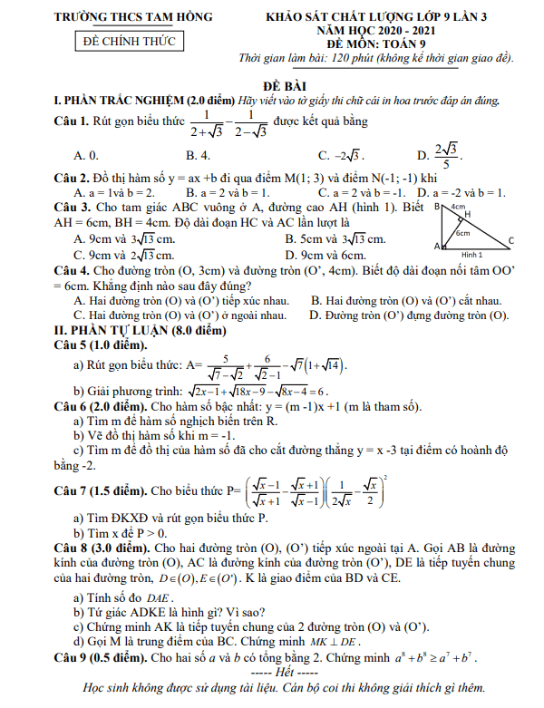 Đề khảo sát Toán 9 lần 3 năm 2020 – 2021 trường THCS Tam Hồng – Vĩnh Phúc