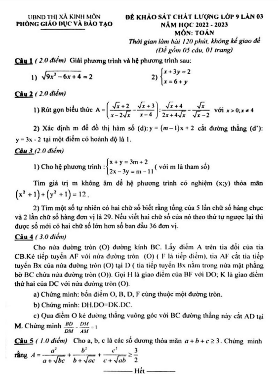 Đề khảo sát Toán 9 lần 3 năm 2022 – 2023 phòng GD&ĐT Kinh Môn – Hải Dương