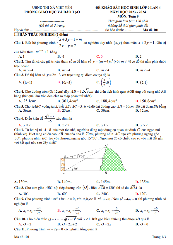 Đề khảo sát Toán 9 lần 4 năm 2023 – 2024 phòng GD&ĐT Việt Yên – Bắc Giang