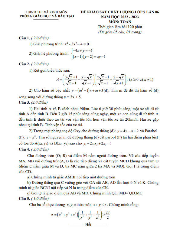 Đề khảo sát Toán 9 lần 6 năm 2022 – 2023 phòng GD&ĐT Kinh Môn – Hải Dương