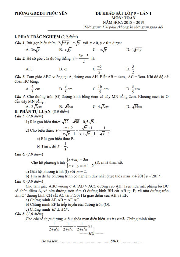 Đề khảo sát Toán 9 năm 2018 – 2019 phòng GD&ĐT Phúc Yên – Vĩnh Phúc