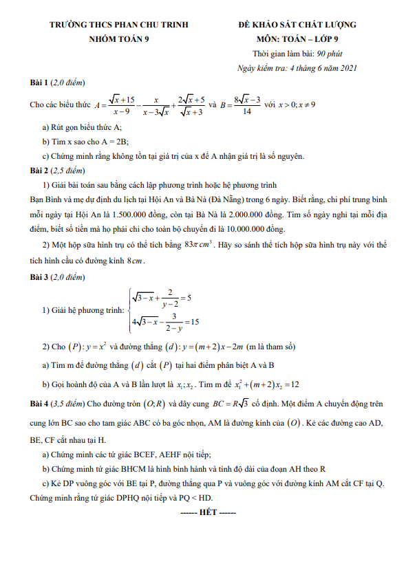 Đề khảo sát Toán 9 năm 2020 – 2021 trường THCS Phan Chu Trinh – Hà Nội