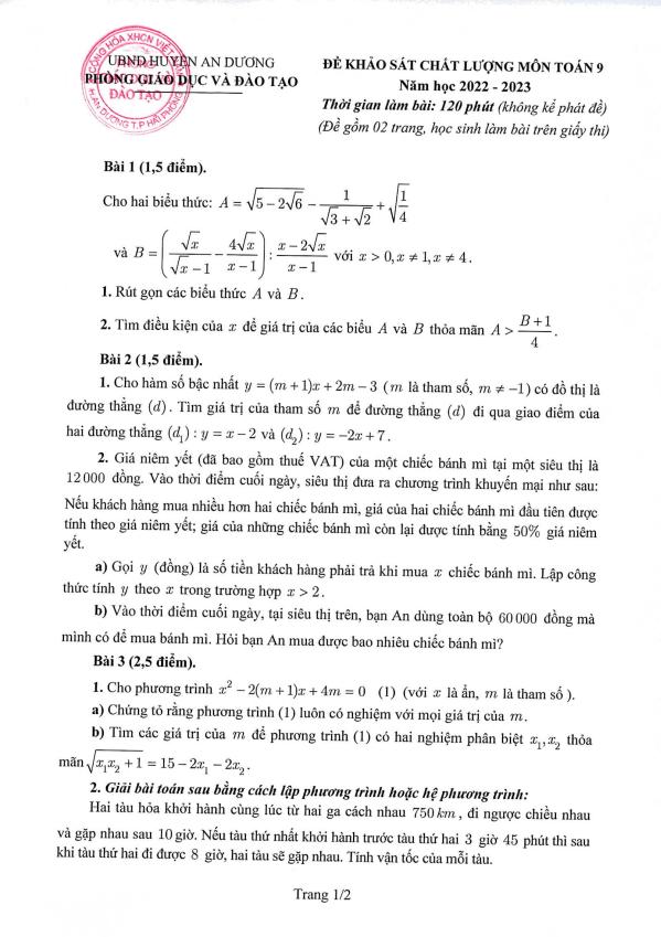 Đề khảo sát Toán 9 năm 2022 – 2023 phòng GD&ĐT An Dương – Hải Phòng