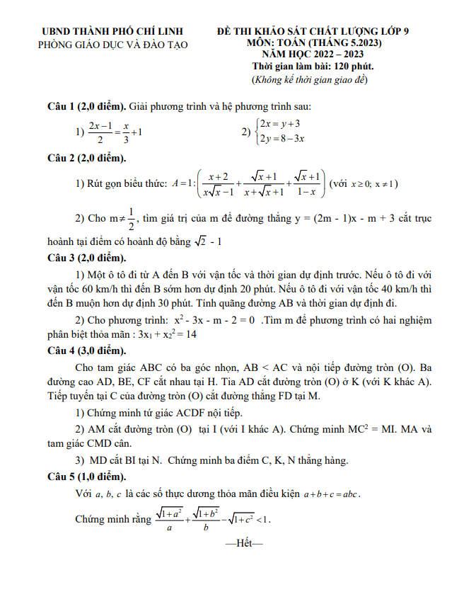 Đề khảo sát Toán 9 năm 2022 – 2023 phòng GD&ĐT Chí Linh – Hải Dương