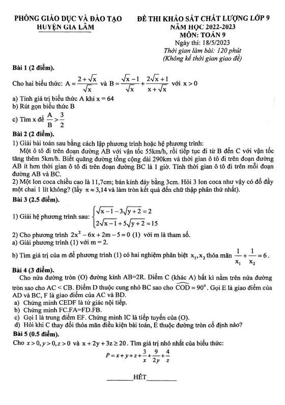 Đề khảo sát Toán 9 năm 2022 – 2023 phòng GD&ĐT Gia Lâm – Hà Nội