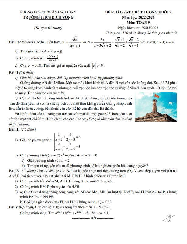 Đề khảo sát Toán 9 năm 2022 – 2023 trường THCS Dịch Vọng – Hà Nội