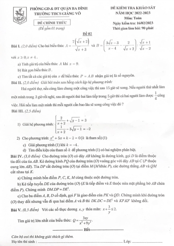 Đề khảo sát Toán 9 năm 2022 – 2023 trường THCS Giảng Võ – Hà Nội
