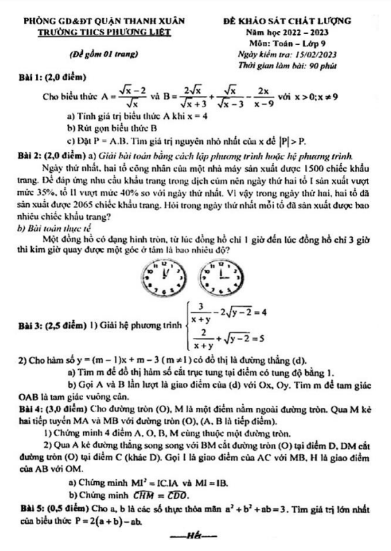 Đề khảo sát Toán 9 năm 2022 – 2023 trường THCS Phương Liệt – Hà Nội