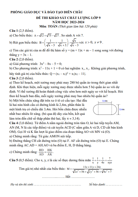 Đề khảo sát Toán 9 năm 2023 – 2024 phòng GD&ĐT Diễn Châu – Nghệ An