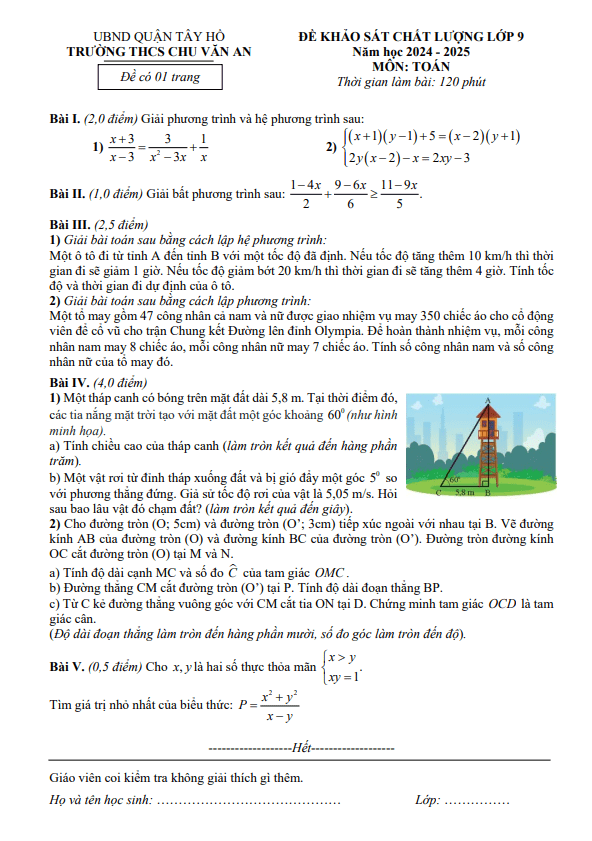 Đề khảo sát Toán 9 năm 2024 – 2025 trường THCS Chu Văn An – Hà Nội