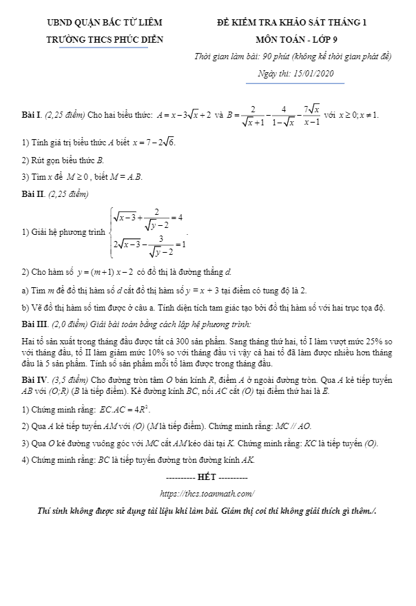 Đề khảo sát Toán 9 tháng 1 năm 2020 trường THCS Phúc Diễn – Hà Nội