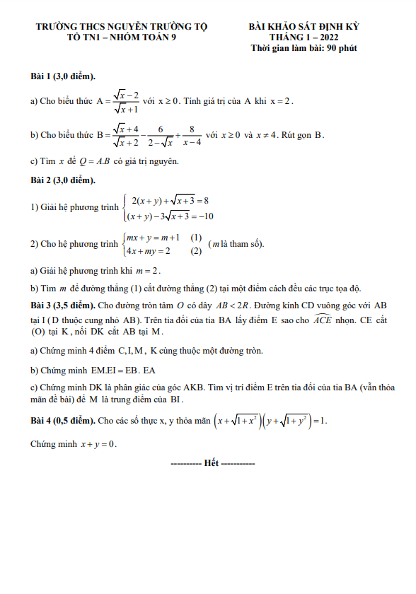 Đề khảo sát Toán 9 tháng 1 năm 2022 trường THCS Nguyễn Trường Tộ – Hà Nội