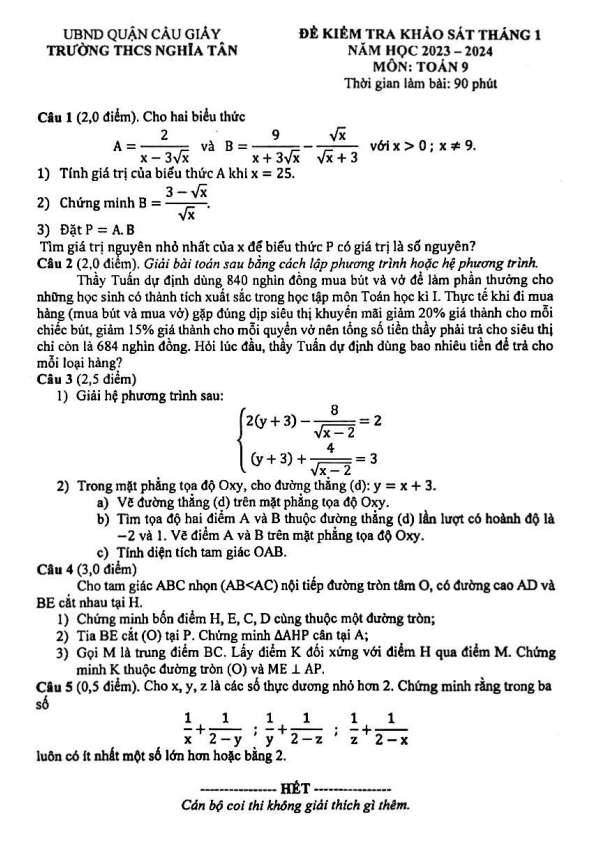Đề khảo sát Toán 9 tháng 1 năm 2024 trường THCS Nghĩa Tân – Hà Nội